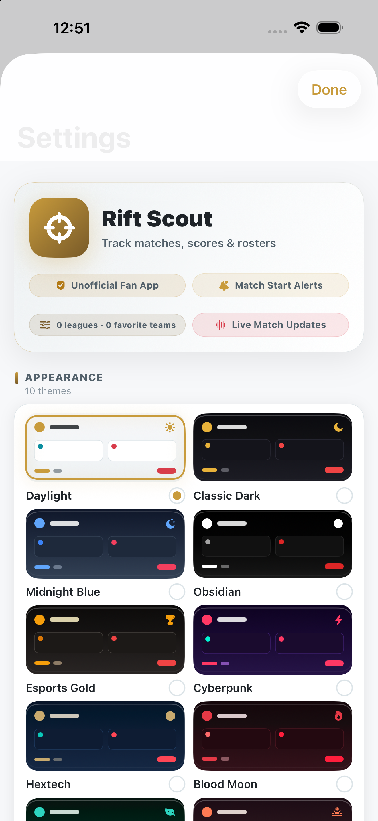 Rift Scout settings and themes